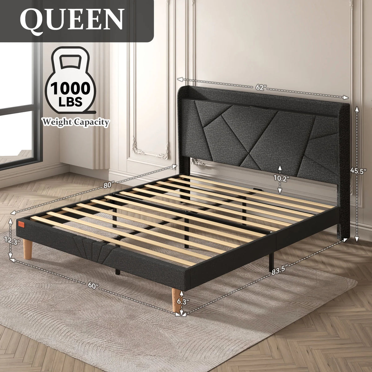 Queen Upholstered Platform Bed Frame with Wingback Storage Headboard D621
