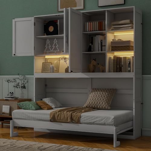 Twin Murphy Bed with Storage Cabinet and Shelves T664