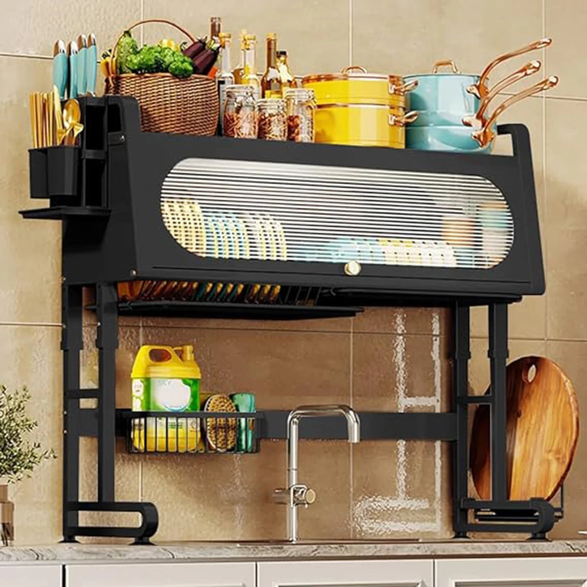 Adjustable 3 Tier Black Dish Drying Rack with Utensil Holder Y959