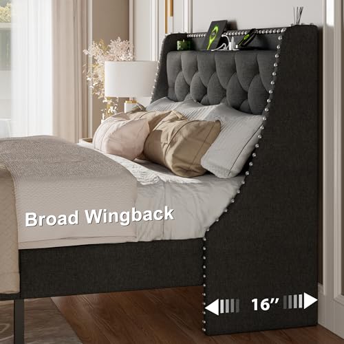 Full Wingback Upholstered Storage Headboard Bed Frame A5540
