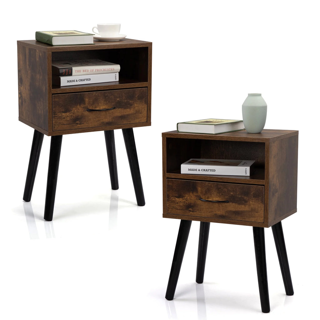 Rustic Brown End Tables with Storage Drawers and Shelf, Set of 2 D4034