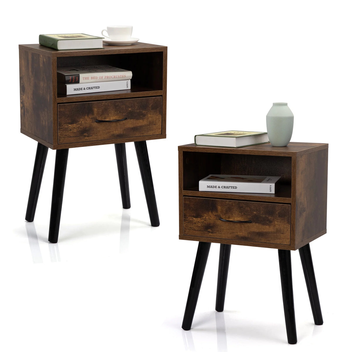 Rustic Brown End Tables with Storage Drawers and Shelf, Set of 2 D4034