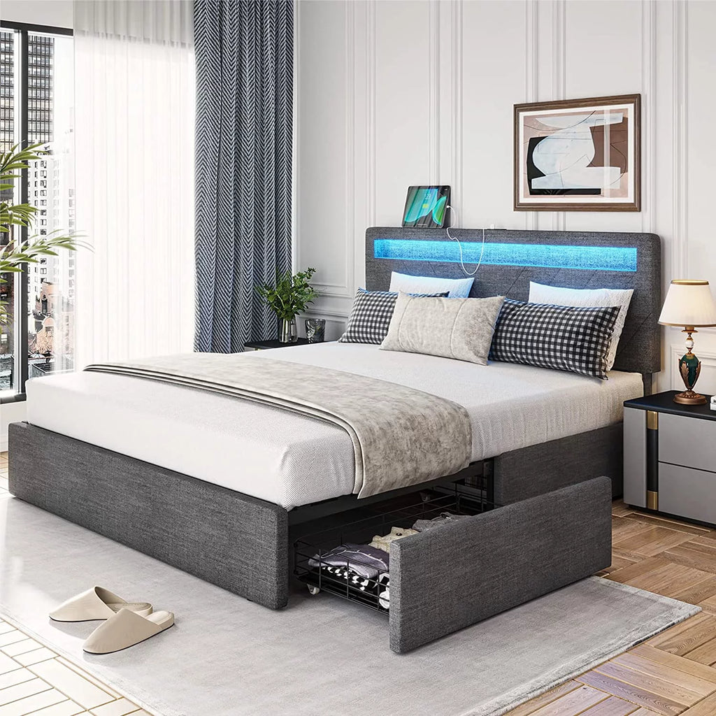 Queen Upholstered Platform Bed Frame with 4 Storage Drawers and LED Headboard X642