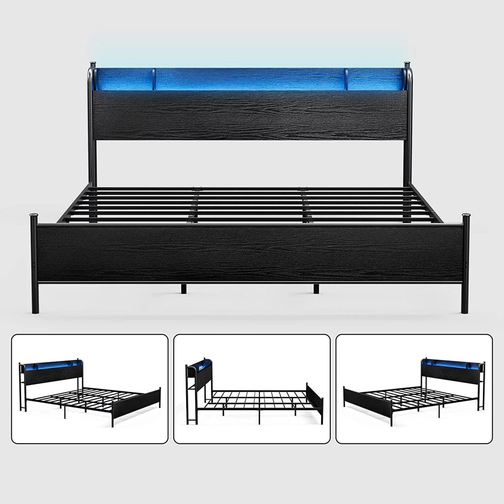 California King Metal and Wood Platform Bed Frame with Storage Shelf Headboard R8185