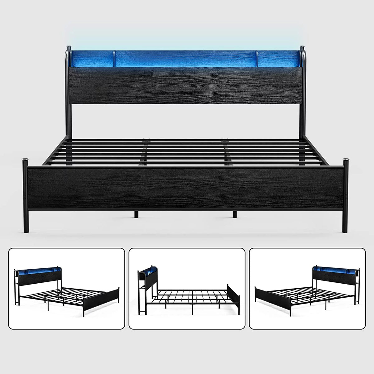 California King Metal and Wood Platform Bed Frame with Storage Shelf Headboard R8185