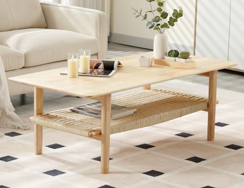 Farmhouse 2-Tier Coffee Table with Rattan Storage Shelf E637946