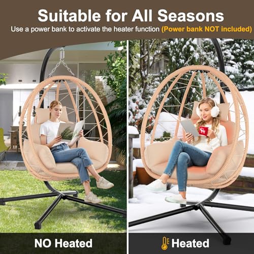 Hanging Egg Chair with Stand, UV Resistant Cushion & Pillow, 370lbs Capacity, Beige C7907