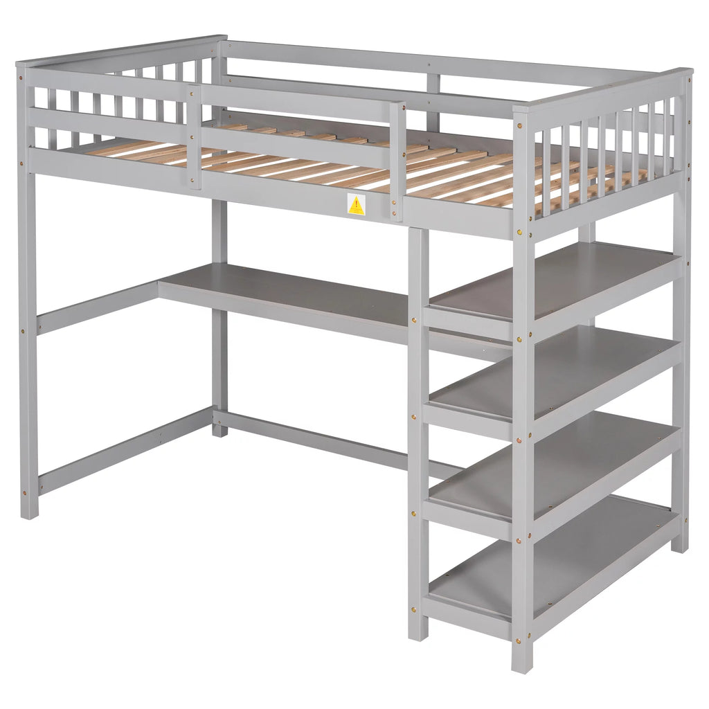 Twin Size Loft Bed with Built-in Desk and Shelves A44105