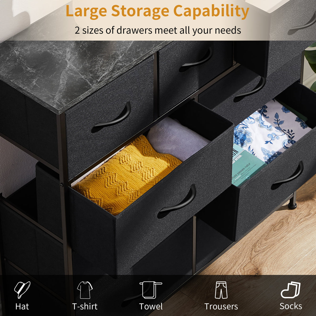 12 Drawer Black Grey Wood Fabric Dresser A49398