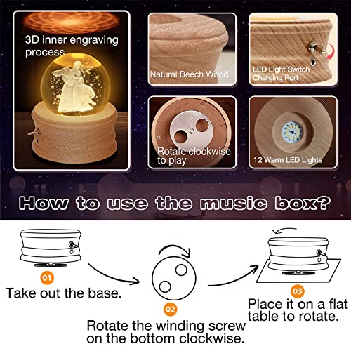 3D Crystal Ball Music Box with LED Light and Rotating Wooden Base L781