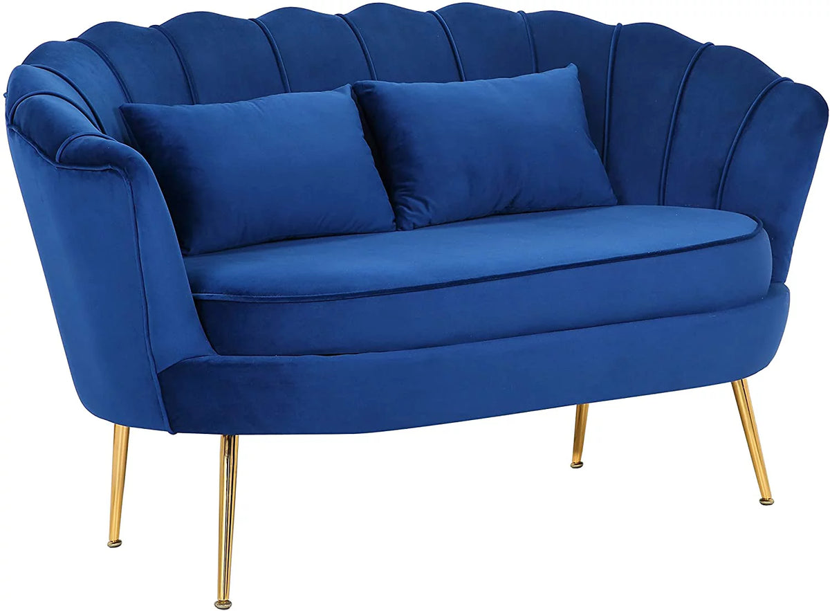 Blue Velvet Channel Tufted Loveseat with Gold Legs R27948