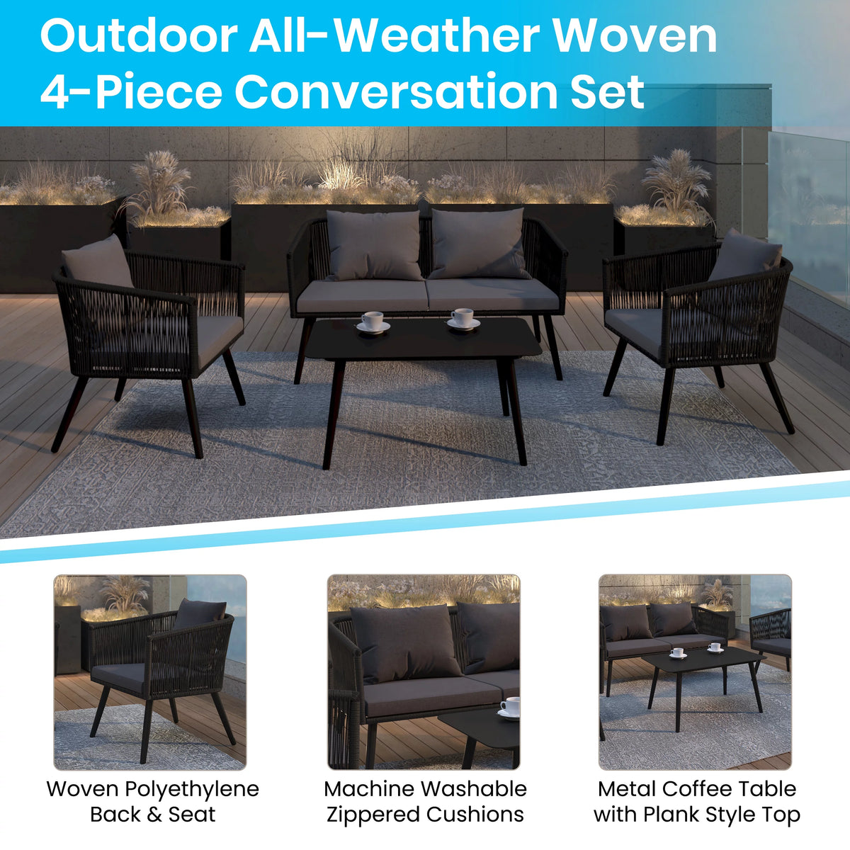 4 Piece Black Woven Aluminum Frame Loveseat, 2 Chair and Coffee Table Set With Gray Cushions H380483