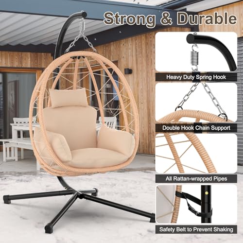 Hanging Egg Chair with Stand, UV Resistant Cushion & Pillow, 370lbs Capacity, Beige C7907