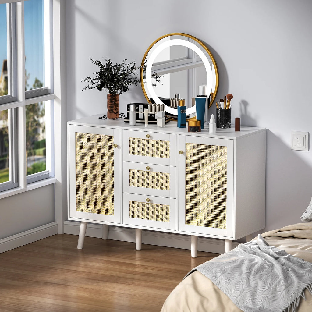 White Rattan Storage Cabinet with 2 Doors 3 Drawers F1500