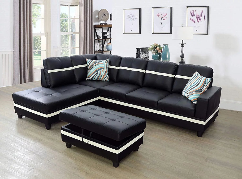 Black & White Faux Leather Sectional with Ottoman Z7447