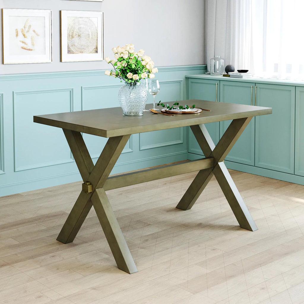 Farmhouse Rustic Wood Dining Table with X-shape Legs, Gray Green N770