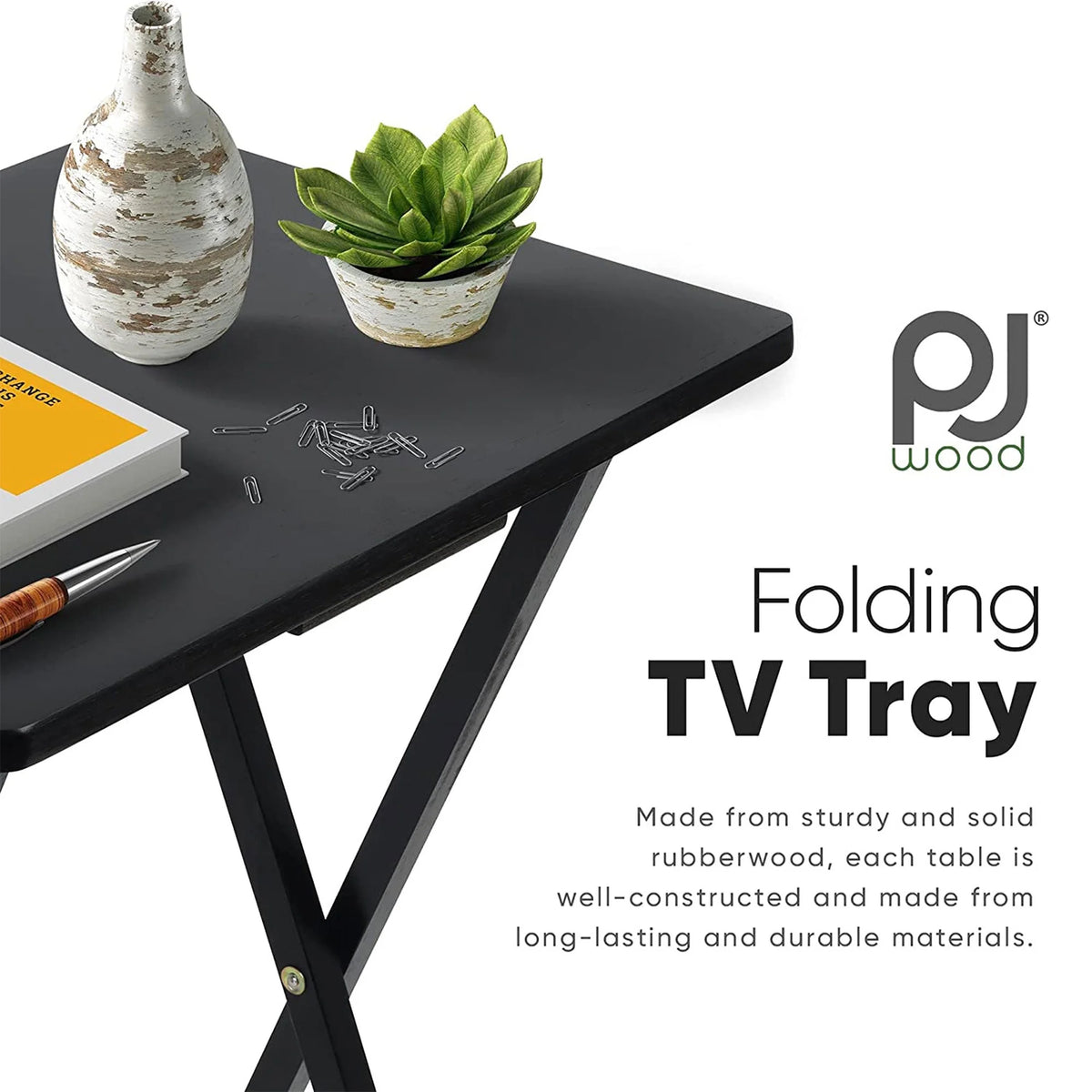 Black 5 Piece Set Folding TV Tray Tables with Storage Rack Q2583