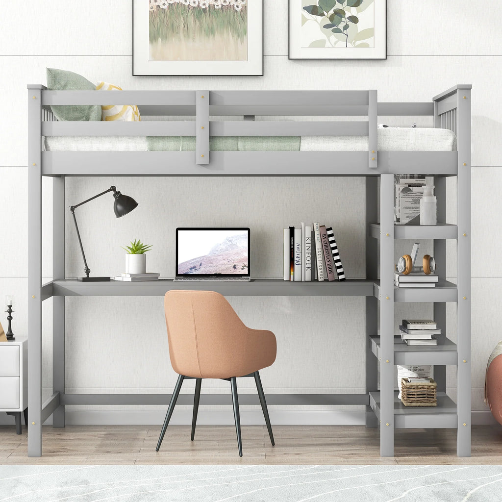 Twin Size Loft Bed with Built-in Desk and Shelves A44105