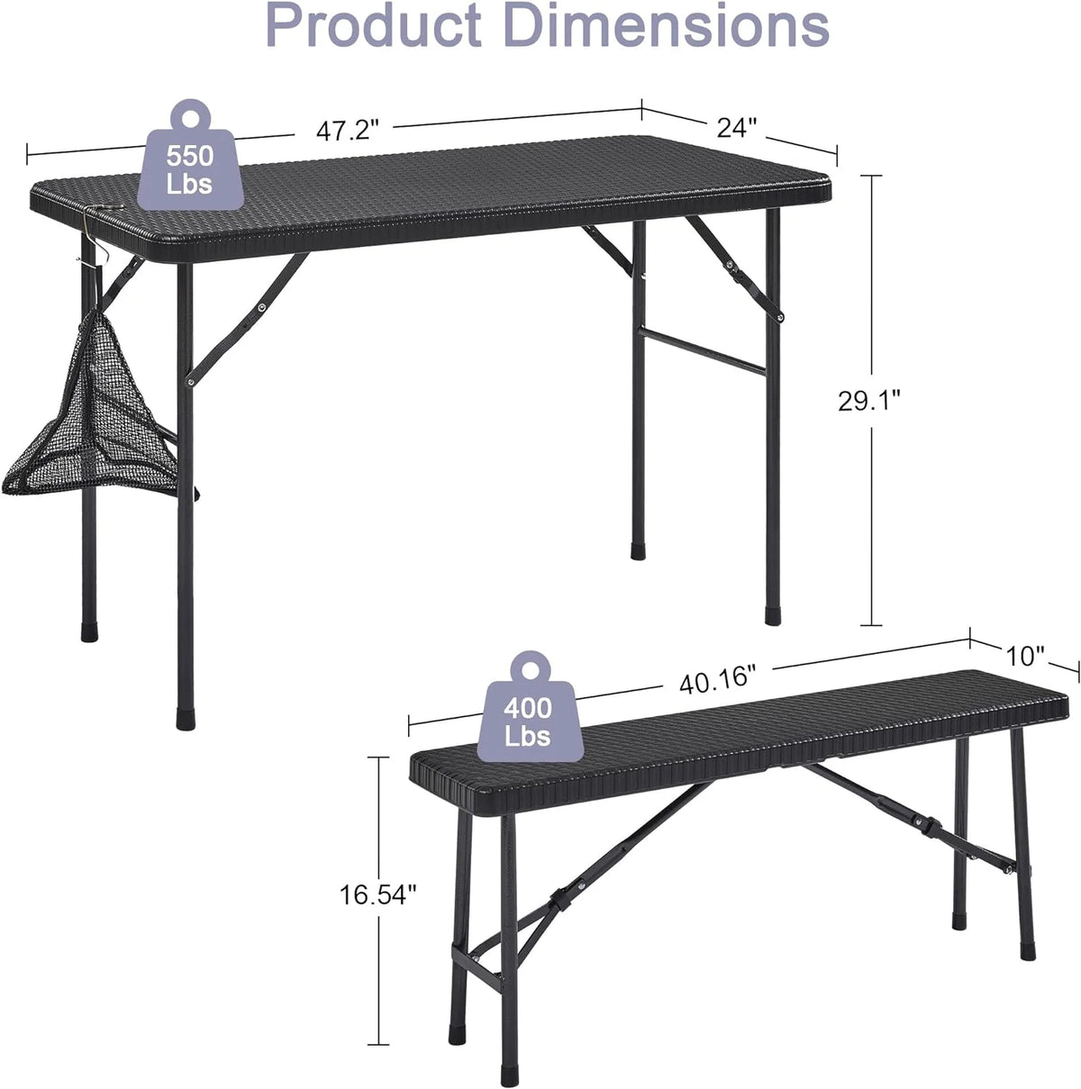 Black 3 Piece Folding Picnic Table with Benches U8624