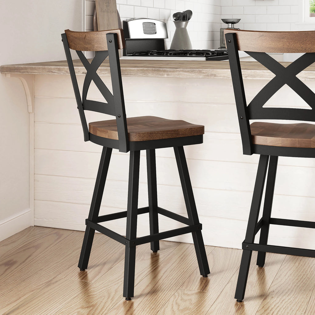 26 In. Swivel Counter Stool Light Brown Distressed Wood Black Metal F82699