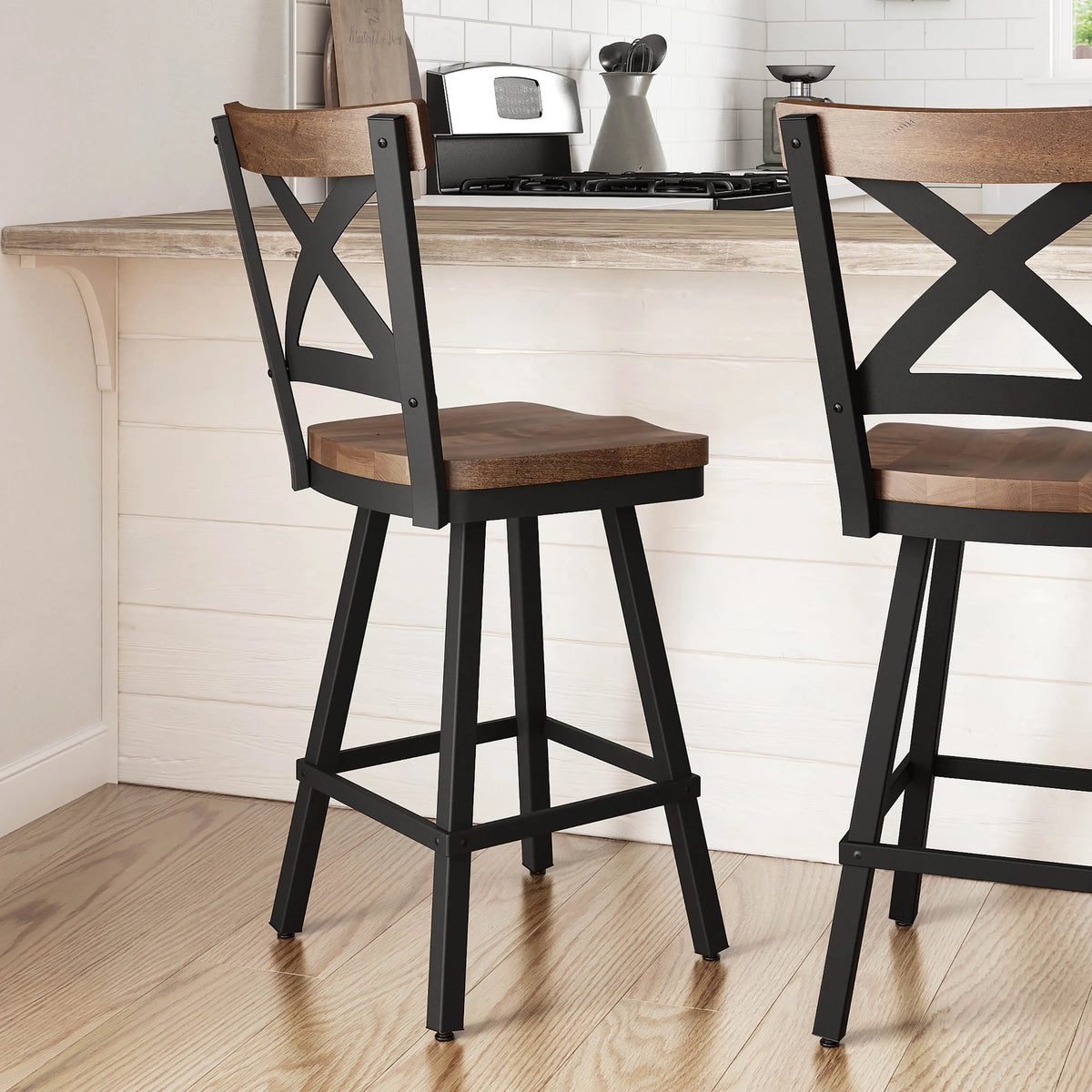 26 In. Swivel Counter Stool Light Brown Distressed Wood Black Metal F82699