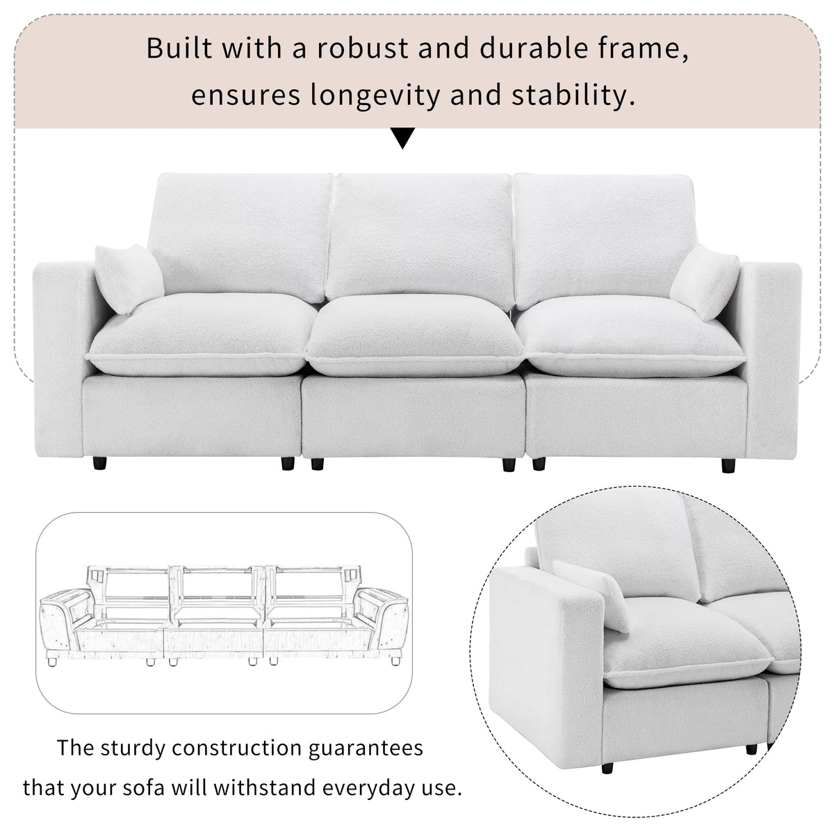 3 Seater White Teddy Fabric Sofa with Pillows A68304