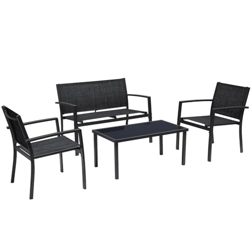 4 Pieces Patio Furniture Set Textilene Fabric with Glass Coffee Table Black J973416
