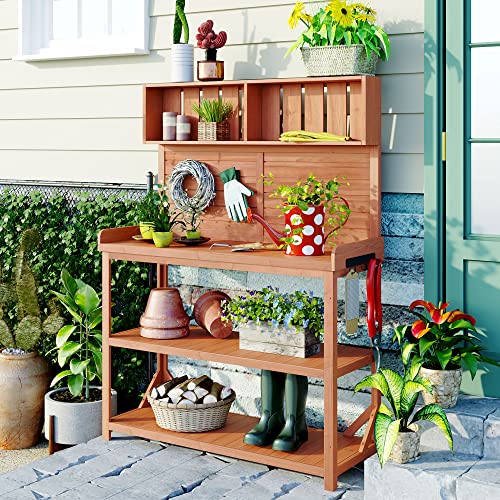 Green Wooden Potting Bench Table with Storage Shelves H14465