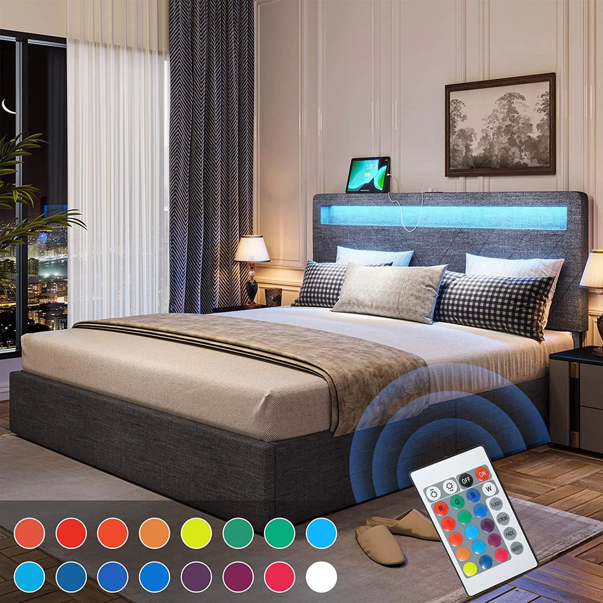 Queen Upholstered Platform Bed Frame with 4 Storage Drawers and LED Headboard X642
