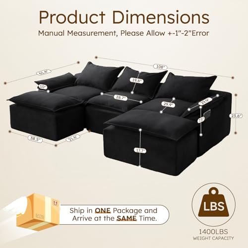 Black U Shaped Sectional Couch with 2 Movable Chaise C868267