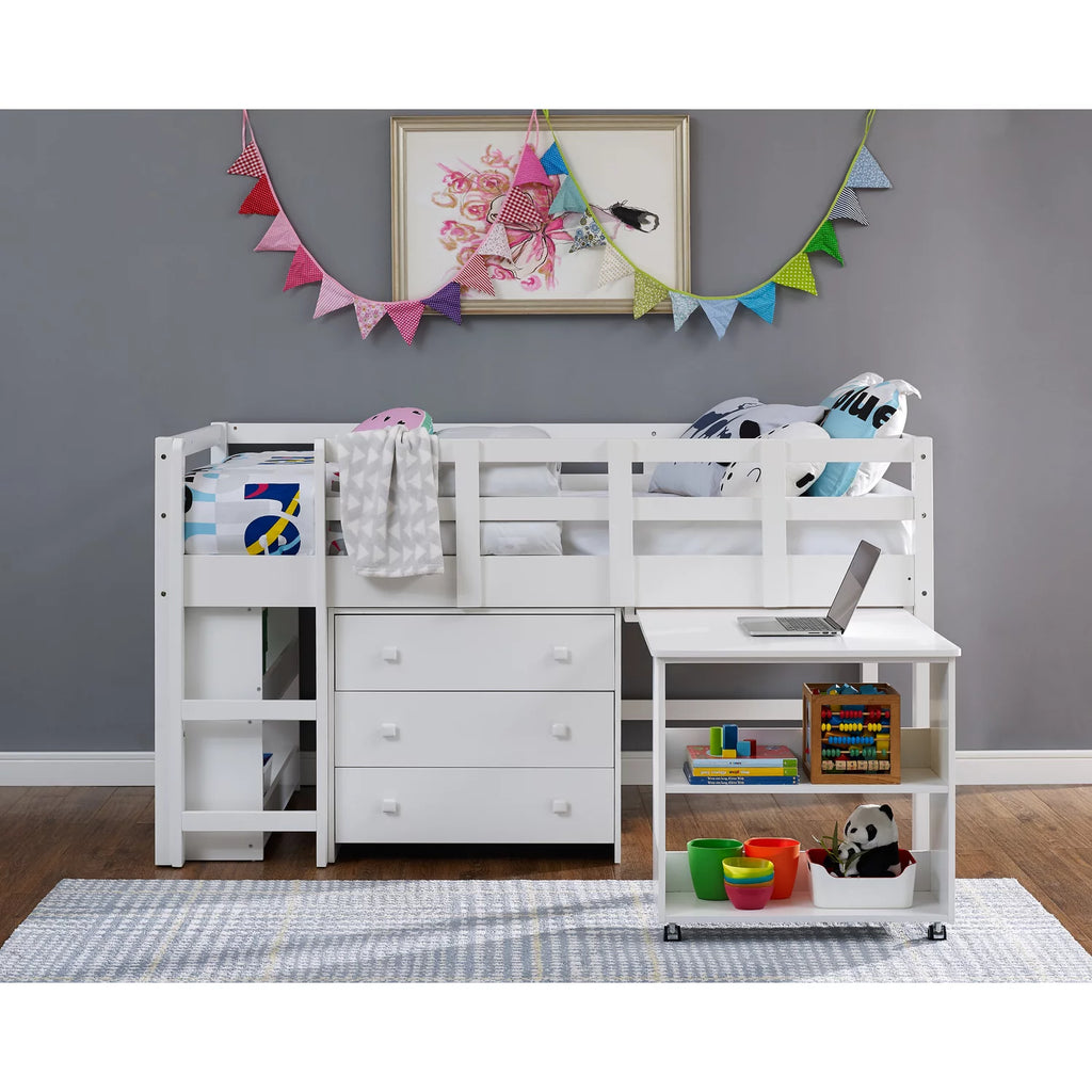 White Twin Size Low Loft Bed with Desk and Storage M91966