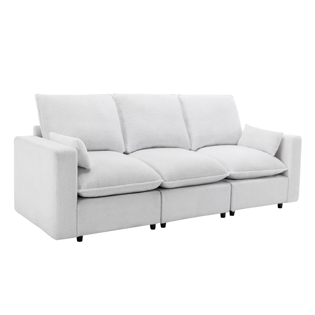 3 Seater White Teddy Fabric Sofa with Pillows A68304