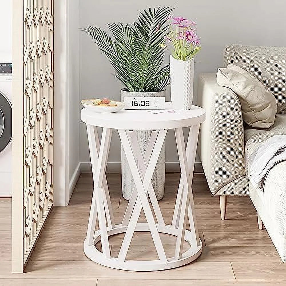 Antique White Round Wood End Table C7391