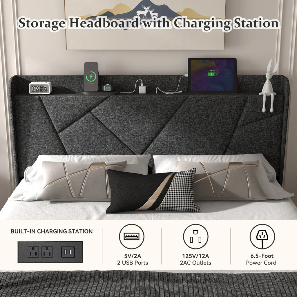 Queen Upholstered Platform Bed Frame with Wingback Storage Headboard D621