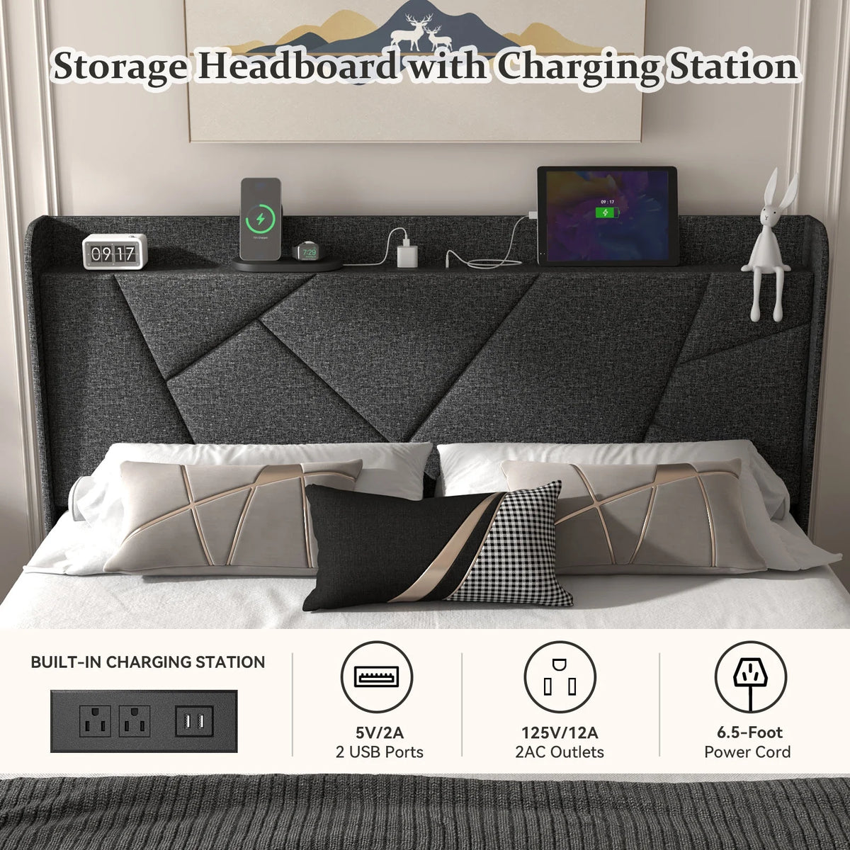 Queen Upholstered Platform Bed Frame with Wingback Storage Headboard D621