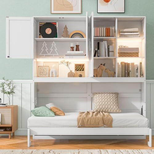 Twin Murphy Bed with Storage Cabinet and Shelves T664