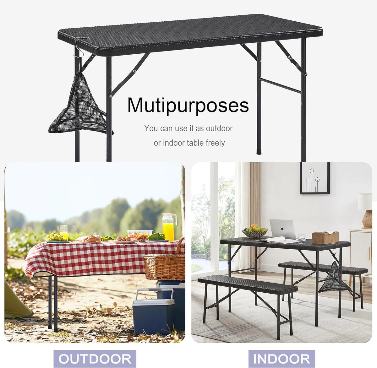Black 3 Piece Folding Picnic Table with Benches U8624