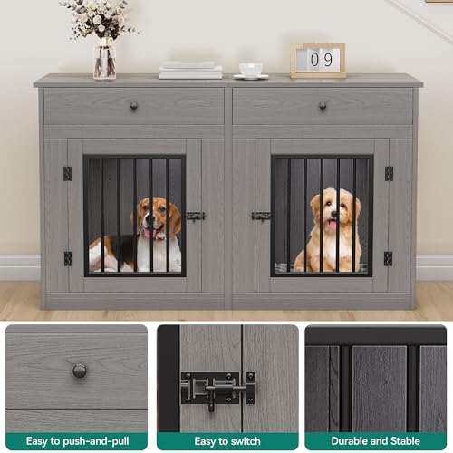 60" Wooden Dog Crate Furniture with Divider Storage Drawers Double Door Grey C98347