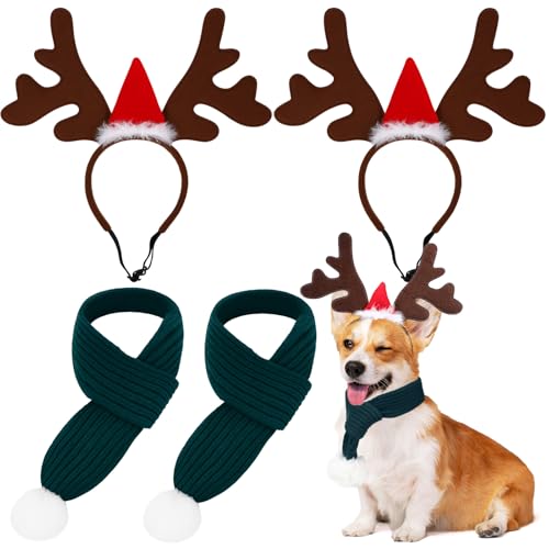 2 Set Pet Christmas Costumes Dog Knitted Scarf Reindeer Antlers Headband O888