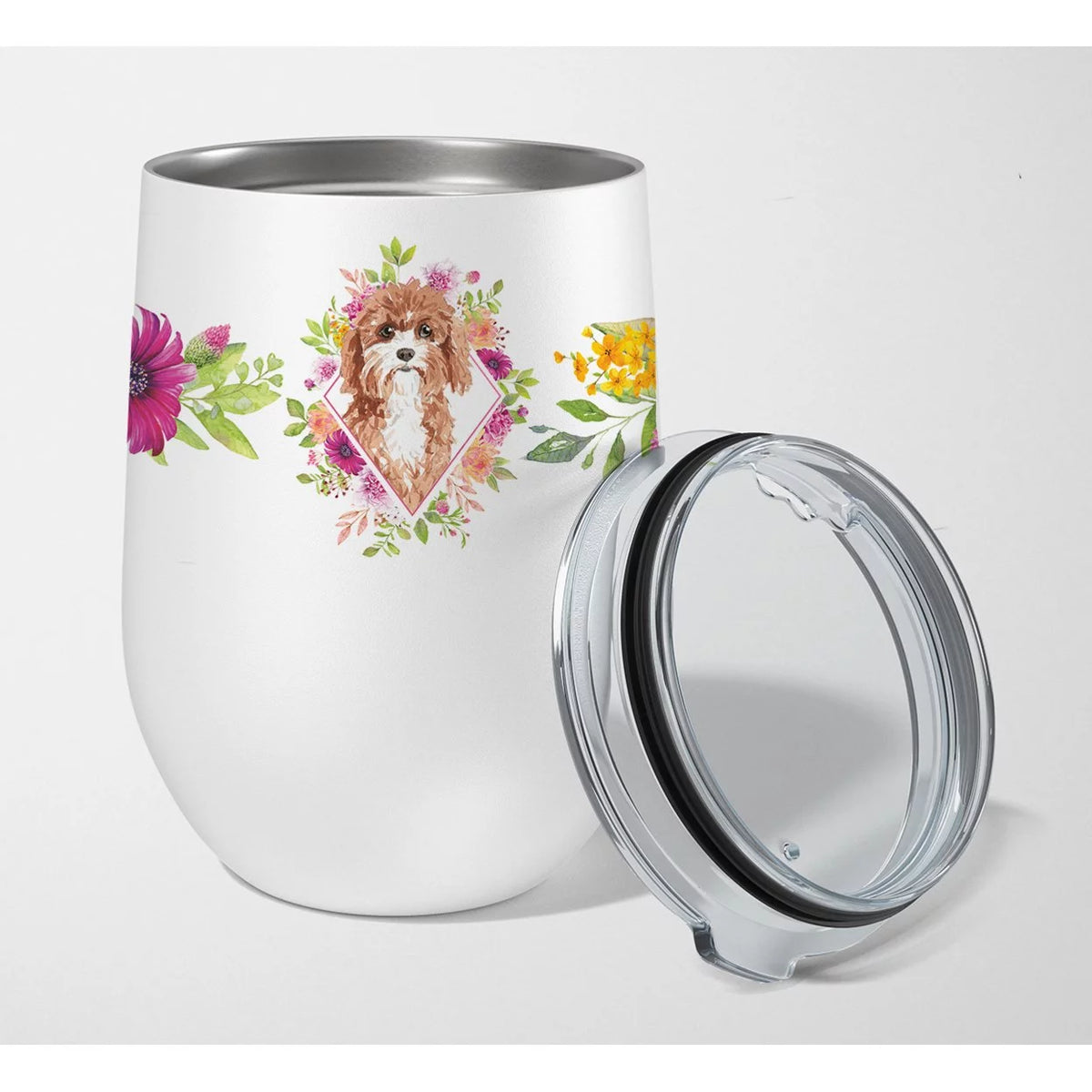 Cavapoo Pink Flowers Stainless Steel 12 oz Stemless Wine Glass F5273