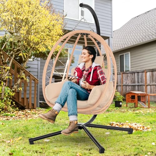 Hanging Egg Chair with Stand, UV Resistant Cushion & Pillow, 370lbs Capacity, Beige C7907