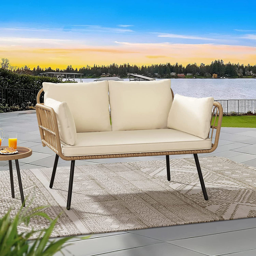 Wicker Loveseat Sofa with Beige Cushions B1358