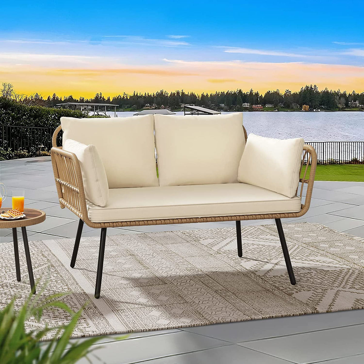 Wicker Loveseat Sofa with Beige Cushions B1358