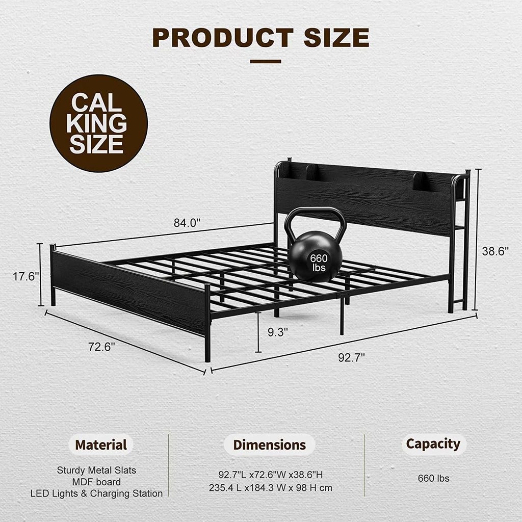 California King Metal and Wood Platform Bed Frame with Storage Shelf Headboard R8185