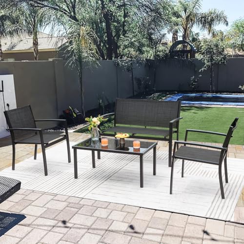 4 Pieces Patio Furniture Set Textilene Fabric with Glass Coffee Table Black J973416