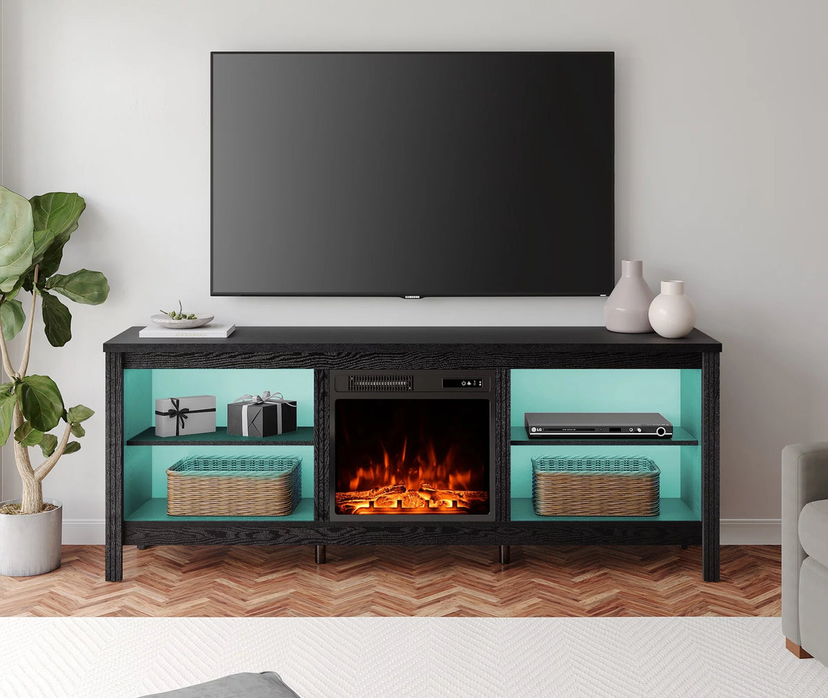 Black Fireplace TV Stand with LED Lights M6455