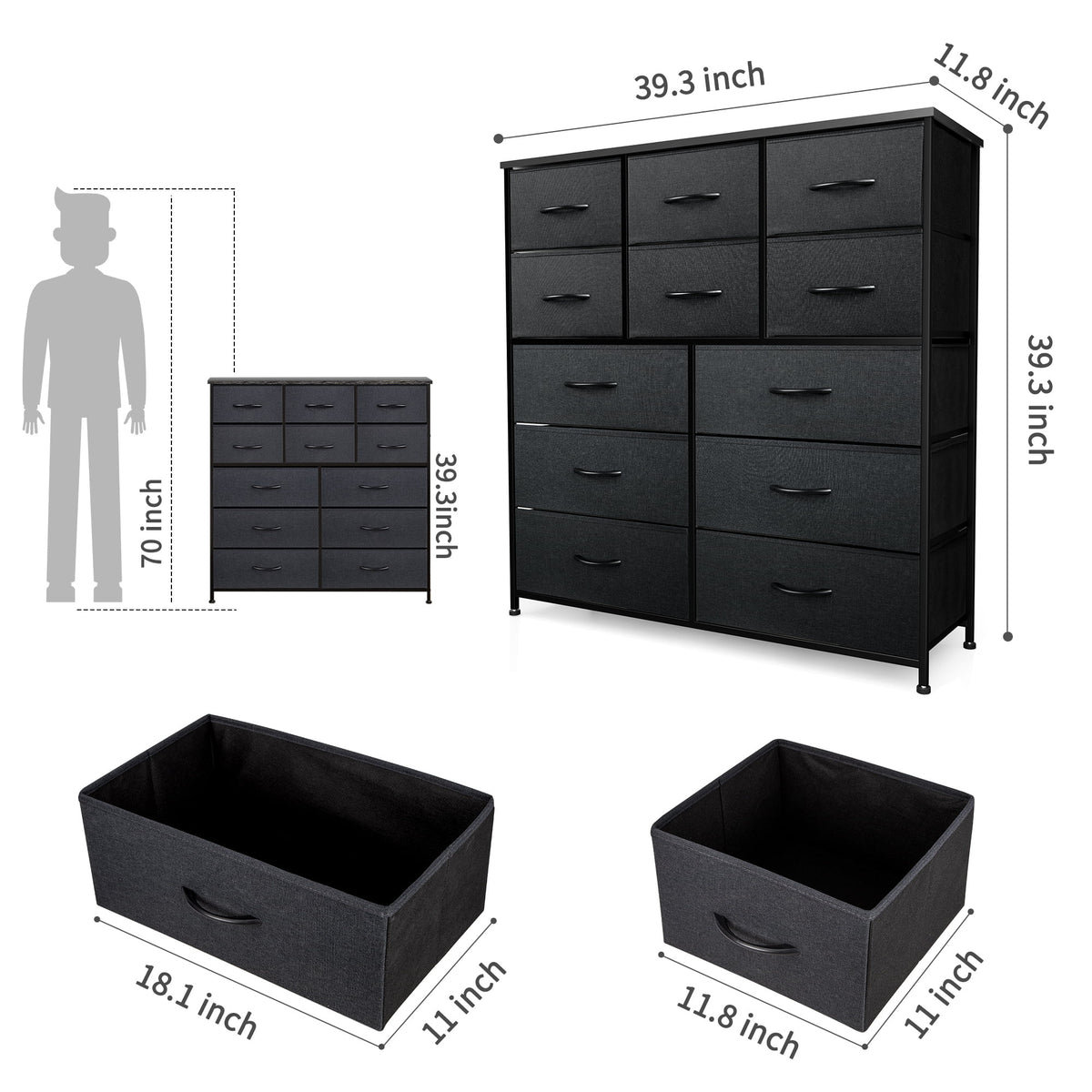 12 Drawer Black Grey Wood Fabric Dresser A49398