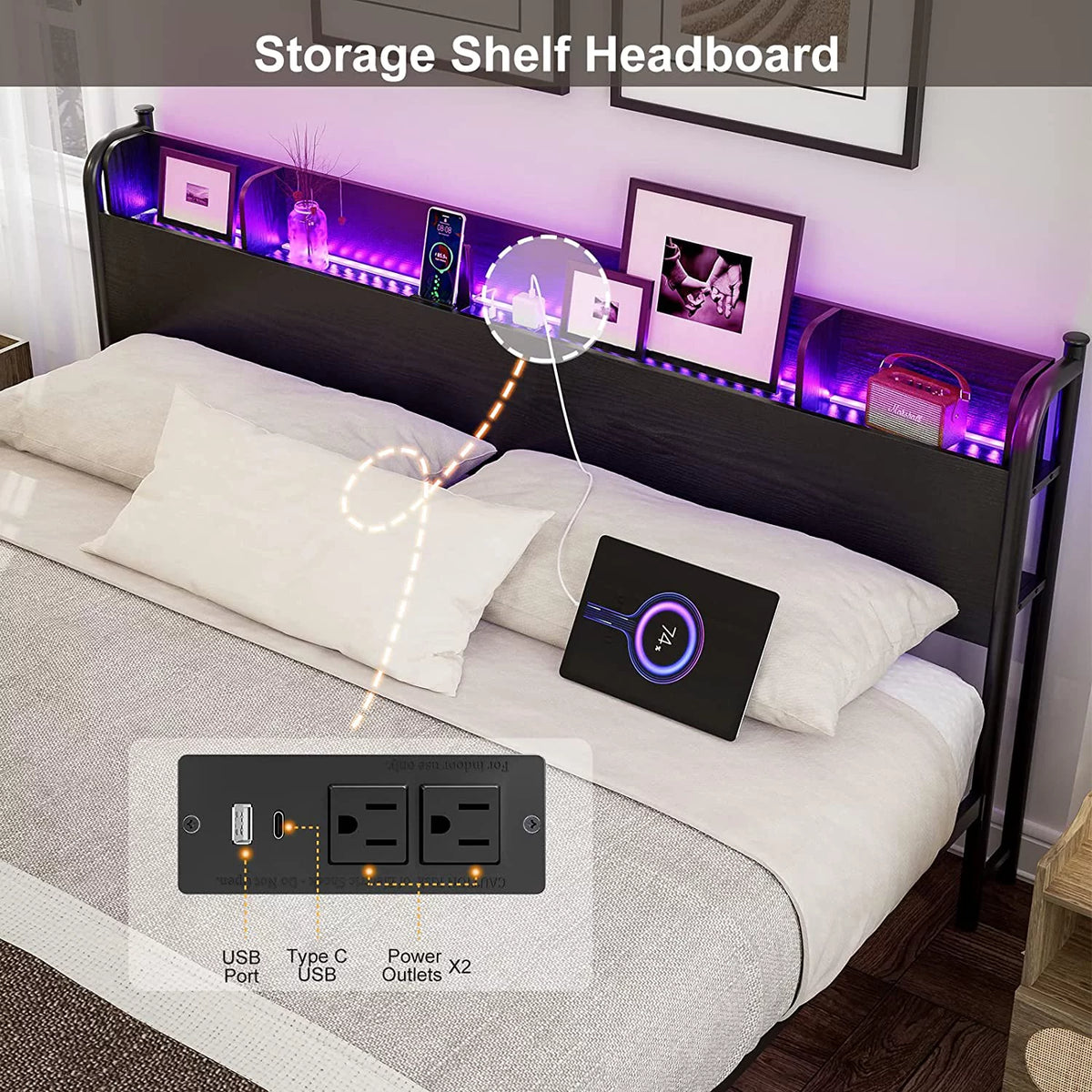 California King Metal and Wood Platform Bed Frame with Storage Shelf Headboard R8185