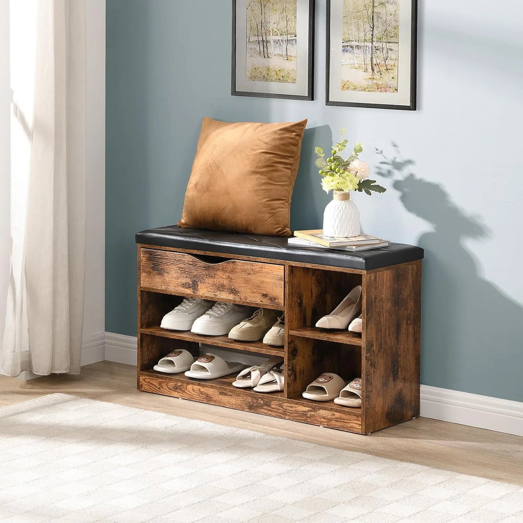 Rustic Brown Shoe Bench with Drawer and Cushion S546