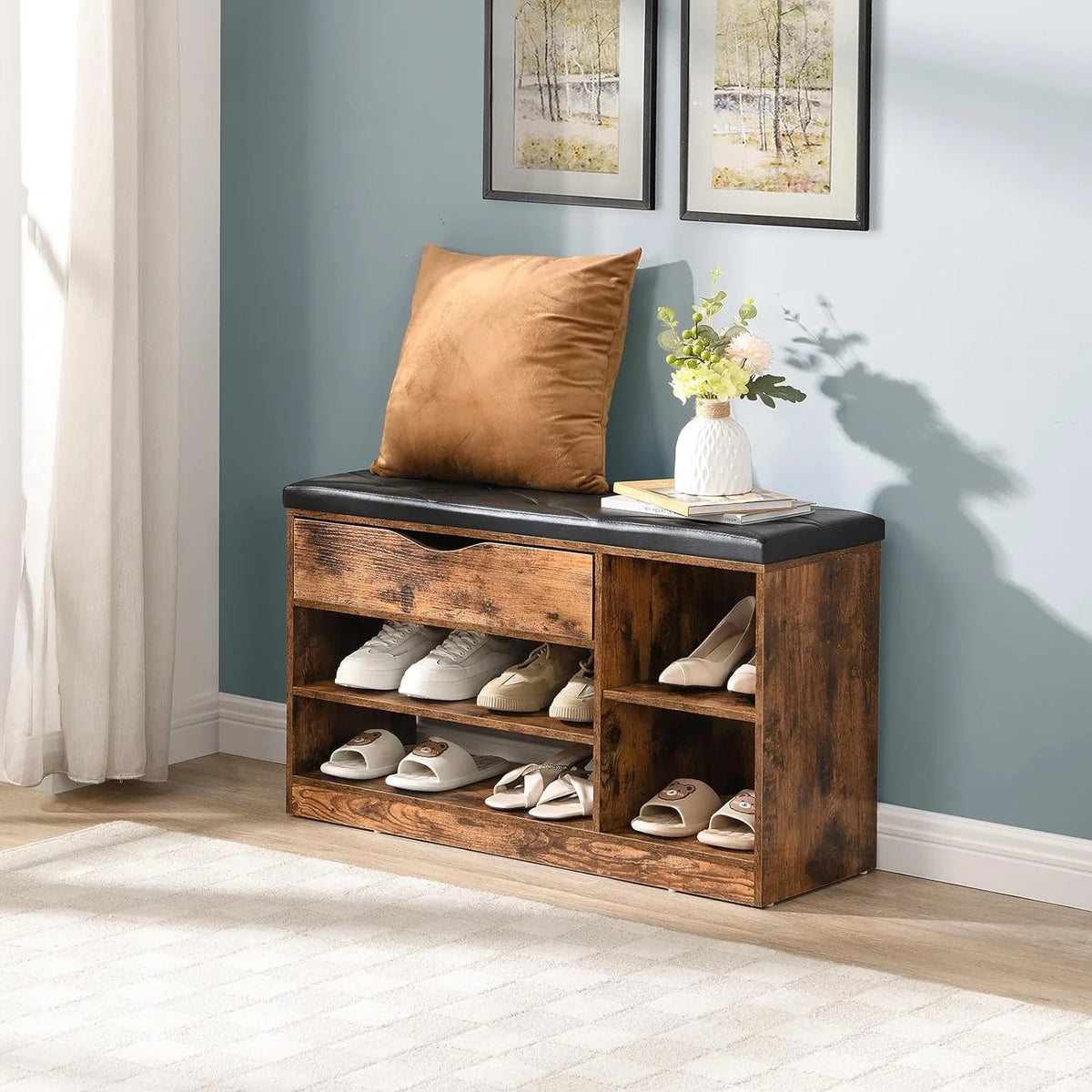 Rustic Brown Shoe Bench with Drawer and Cushion S546